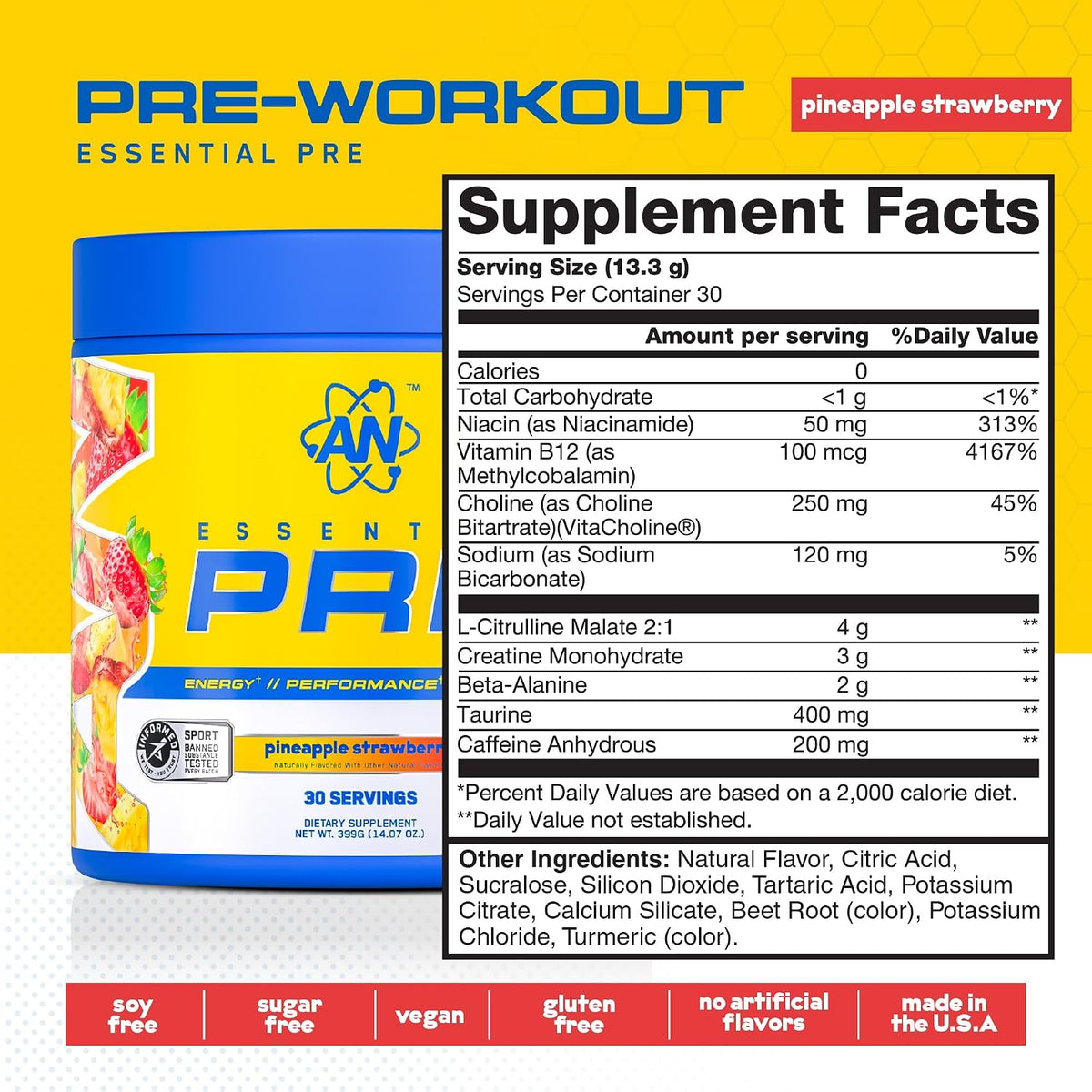 an Essentials Pre-Workout | Preworkout Energy Drink Mix | 200mg Caffeine | Creatine, Beta Alanine & Citrulline | Energy Supplement for Men & Women | Chiquita Pineapple Strawberry | 30 Servings
