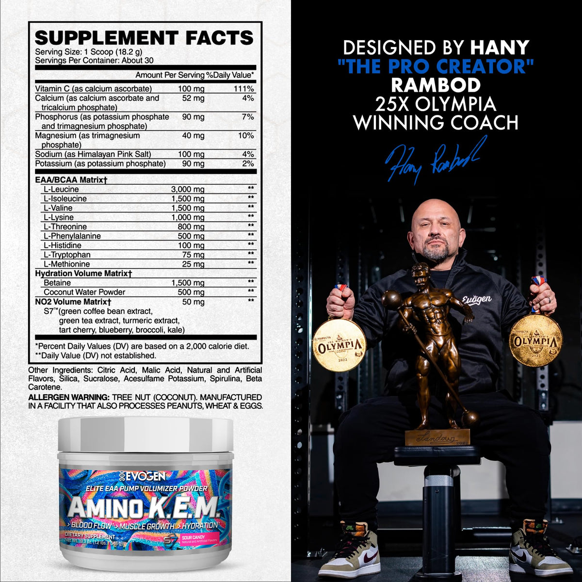 Evogen Amino K.E.M. EAA & BCAA | Tropic Thunder | 30 Servings | S7 nitric oxide blend with betaine anhydrous, coconut water and leucine for blood flow, muscle growth, hydration and recovery