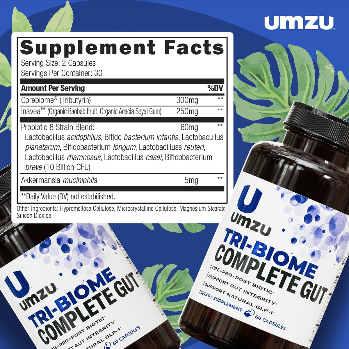 UMZU Tri-Biome Complete Probiotic Capsules, 30 Day Supply | 3-in-1 Probiotic, Prebiotic and Postbiotic Blend, Akkermansia and CoreBiome, Gut Balance, Digestive Health, Adults