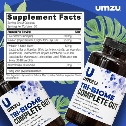 UMZU Tri-Biome Complete Probiotic Capsules, 30 Day Supply | 3-in-1 Probiotic, Prebiotic and Postbiotic Blend, Akkermansia and CoreBiome, Gut Balance, Digestive Health, Adults