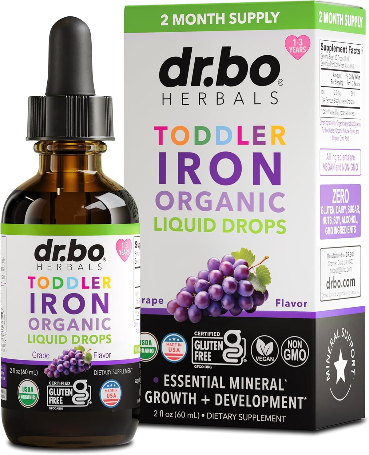 Iron Supplement for Toddlers & Kids - Organic Liquid Iron Drops for Kids, Toddler, Baby, Infant, Toddlers Supplements Ages 1-3 - Organic Vegan Toddler Liquid Drops Supplement, Gluten Free, Non-GMO 2oz