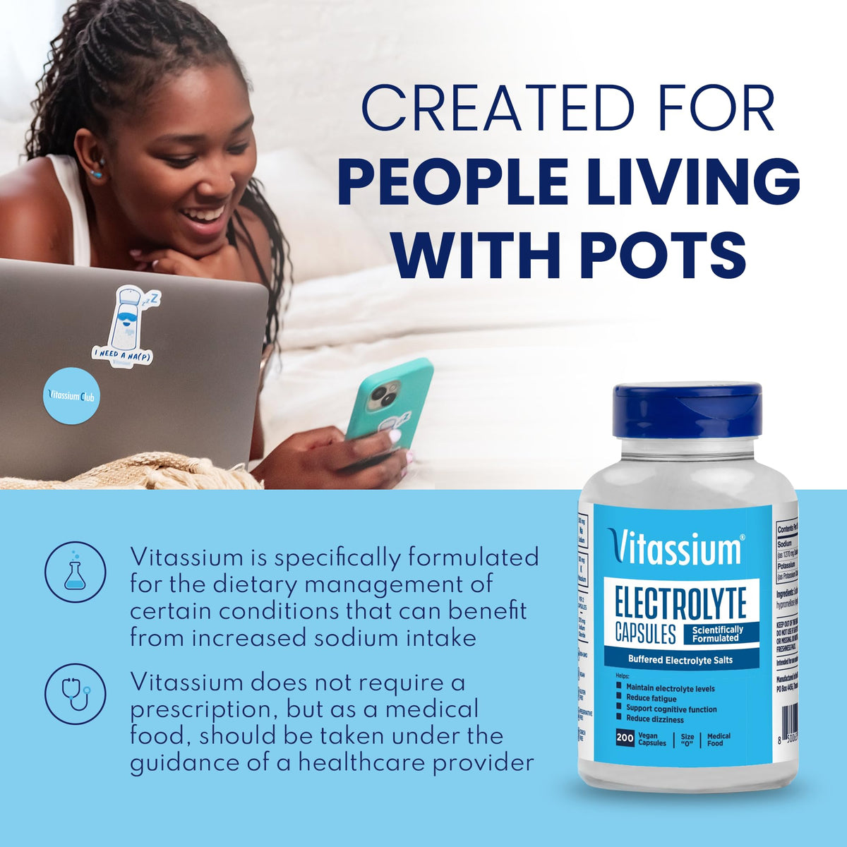 Vitassium Electrolytes Salt Pills for POTS Scientifically Formulated 100ct