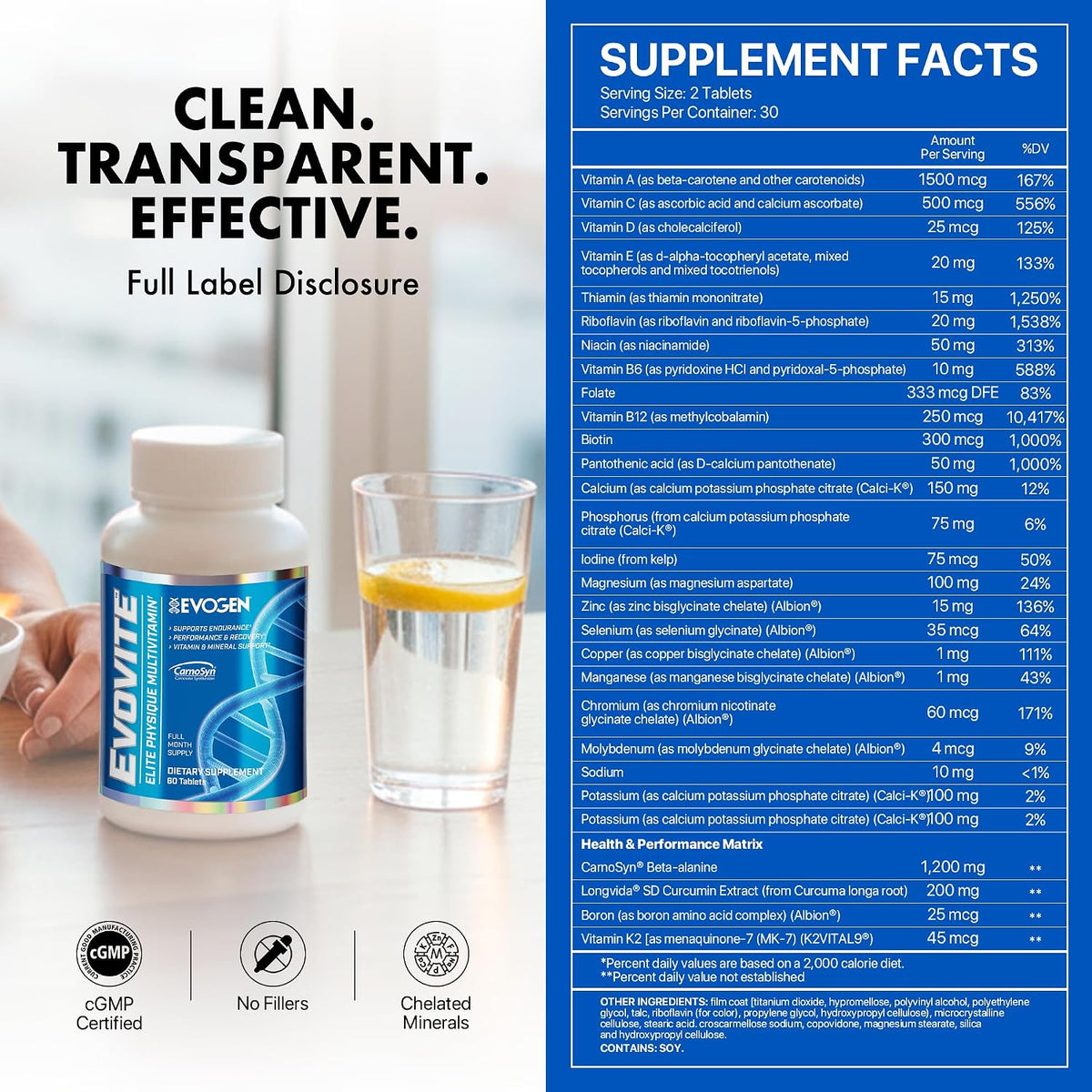 Evogen Evovite Multivitamin Tablets | 30 Servings | Albion chelated minerals with CarnoSyn beta-alanine, Longvida curcumin, boron, K2 and methylated B12 for endurance and joints