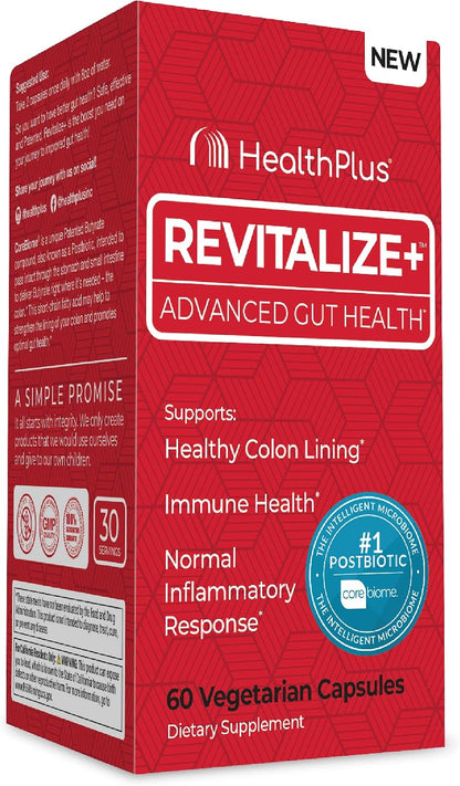 Health Plus Revitalize+ Postbiotic Gut Health Supplement, 60 Capsules | CoreBiome butyrate postbiotic formula, 30 servings; may support everyday gut wellness