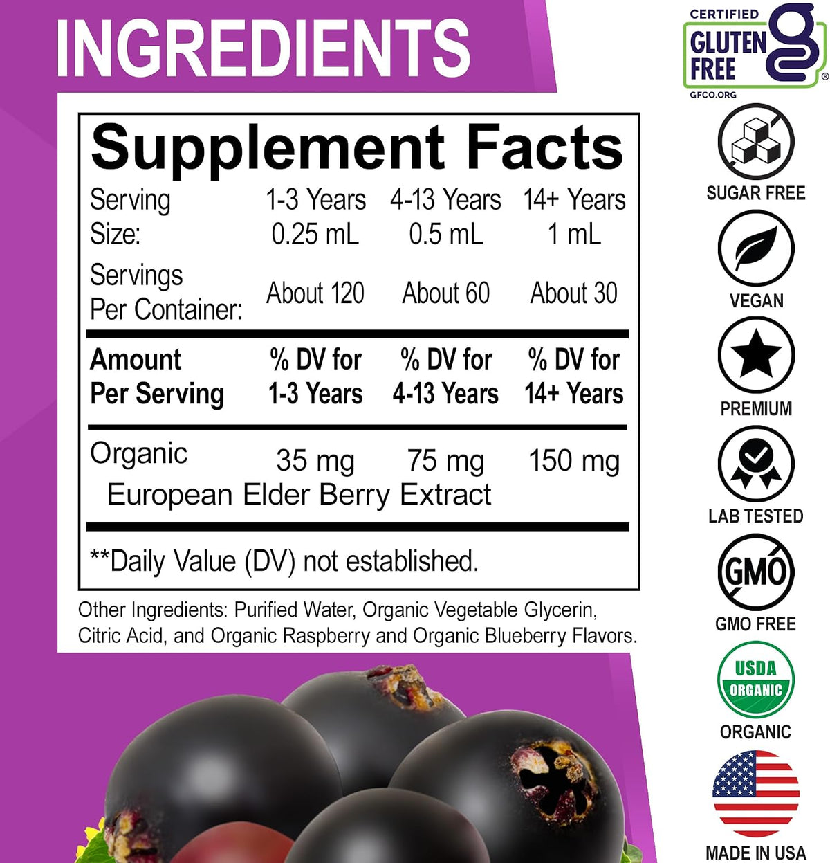 Elderberry Syrup Organic Liquid Drops - Sugar Free Immune Support Supplement for Adults & Kids, Ages 1 Immune Booster - Pure Organic Elderberry Syrup Liquid Drops Tincture Extract Concentrate 1 Fl Oz