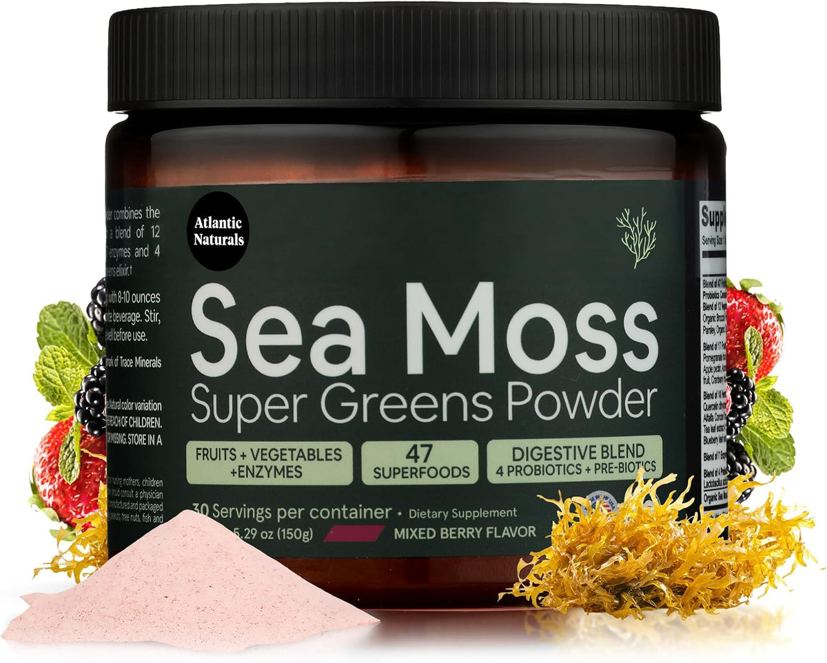 Atlantic Naturals Sea Moss Super Greens Powder – Organic Green Superfood Drink Mix with Fruits, Veggies & Probiotics – Energy, Digestion & Immune Support – 5000mg, Mixed Flavor