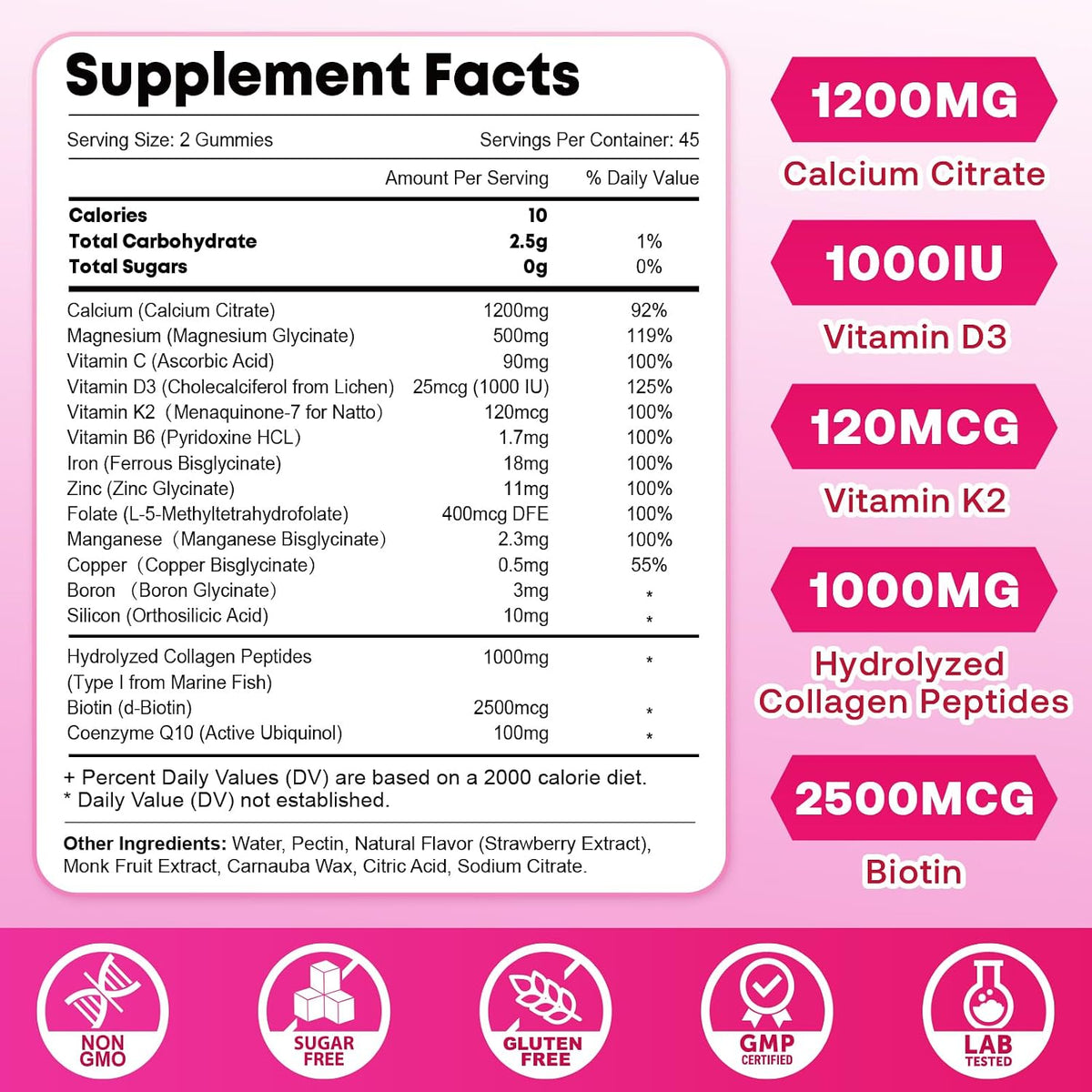 Calcium Gummies for Women, Calcium Citrate 1200mg with Vitamin D3 K2, Collagen & Biotin, B0ne, Teeth, Immune & Hormone Support, Sugar Free, Non-GMO, Gluten-Free, Strawberry Flavor, 90 Count