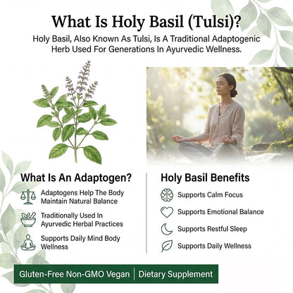 PRISTINE'S Holy Basil Tulsi 500mg Adaptogen Capsules, Vegan, 60 Day Supply | Calm and relaxation support in a simple Tulsi (holy basil) capsule routine. 60 day supply, vegan, non-GMO, gluten-free