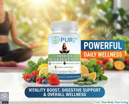 PURE® Adult Multivitamin Iron Free - 90 Vegetable Capsules, 30 Servings - High Potency Daily Wellness with Energizing Superfoods, B12 & Zinc - Digestive Enzymes for Superior Absorption - Made in USA