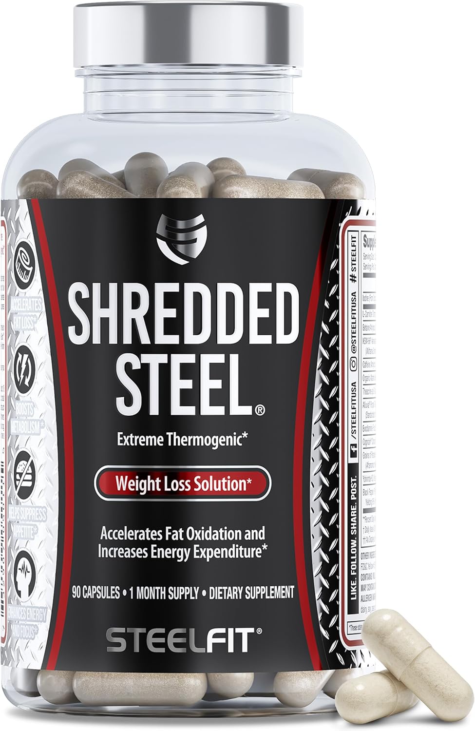 SteelFit Shredded Steel - Extreme Weight Loss Supplement - 90 Count | Thermogenic, Fat Loss, Energy, Boost Metabolism, Appetite Suppressant, Yohimbine, Teacrine, & Paradoxine - 1 Month Supply