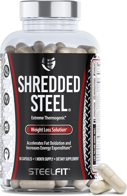 SteelFit Shredded Steel - Extreme Weight Loss Supplement - 90 Count | Thermogenic, Fat Loss, Energy, Boost Metabolism, Appetite Suppressant, Yohimbine, Teacrine, & Paradoxine - 1 Month Supply