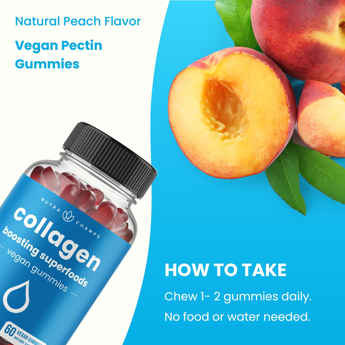 NutraChamps Collagen Boosting Gummies, Collagen Booster Gummy for Natural Collagen Production, Vegan Pectin Supplements Chews for Women & Men, 60 Peach Vitamins Gummies
