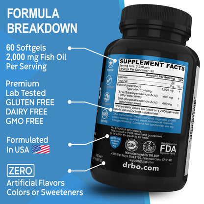 Omega 3 Fish Oil Supplements - Triple Strength Fish Oil Omega 3 Supplements 2000mg EPA DHA Women Men - Triple Strength Natural Omega3 Supplement 2000mg EPA DHA Fatty Acids 1000mg Burpless 60 Softgels