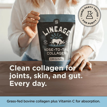 Lineage Provisions Grass Fed Collagen Powder, 30 Servings | Unflavored hydrolyzed bovine collagen peptides with trachea, scapula, eggshell membrane & vitamin C.