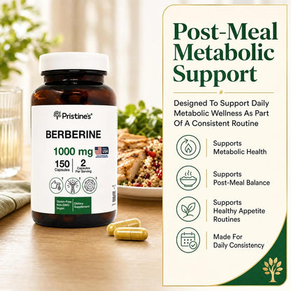 PRISTINE'S Berberine 1000mg Capsules, Daily Wellness Support, 75 Day Supply | Simple 2-capsule berberine routine with 1000mg per serving. Daily wellness, 75 day supply, vegan, non-GMO, gluten-free