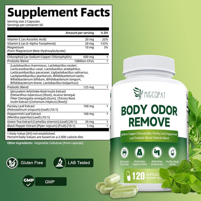 Chlorophyll Body Deodorizing Supplement with 10 Billion CFU Probiotic, Vitamin C & E, Parsley, Peppermint, Green Tea, Prebiotics, Chlorophyll Capsules Supports Breath & Whole-Body Freshness, 120 Caps