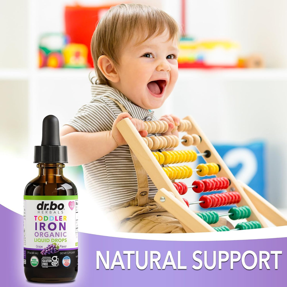 Iron Supplement for Toddlers & Kids - Organic Liquid Iron Drops for Kids, Toddler, Baby, Infant, Toddlers Supplements Ages 1-3 - Organic Vegan Toddler Liquid Drops Supplement, Gluten Free, Non-GMO 2oz