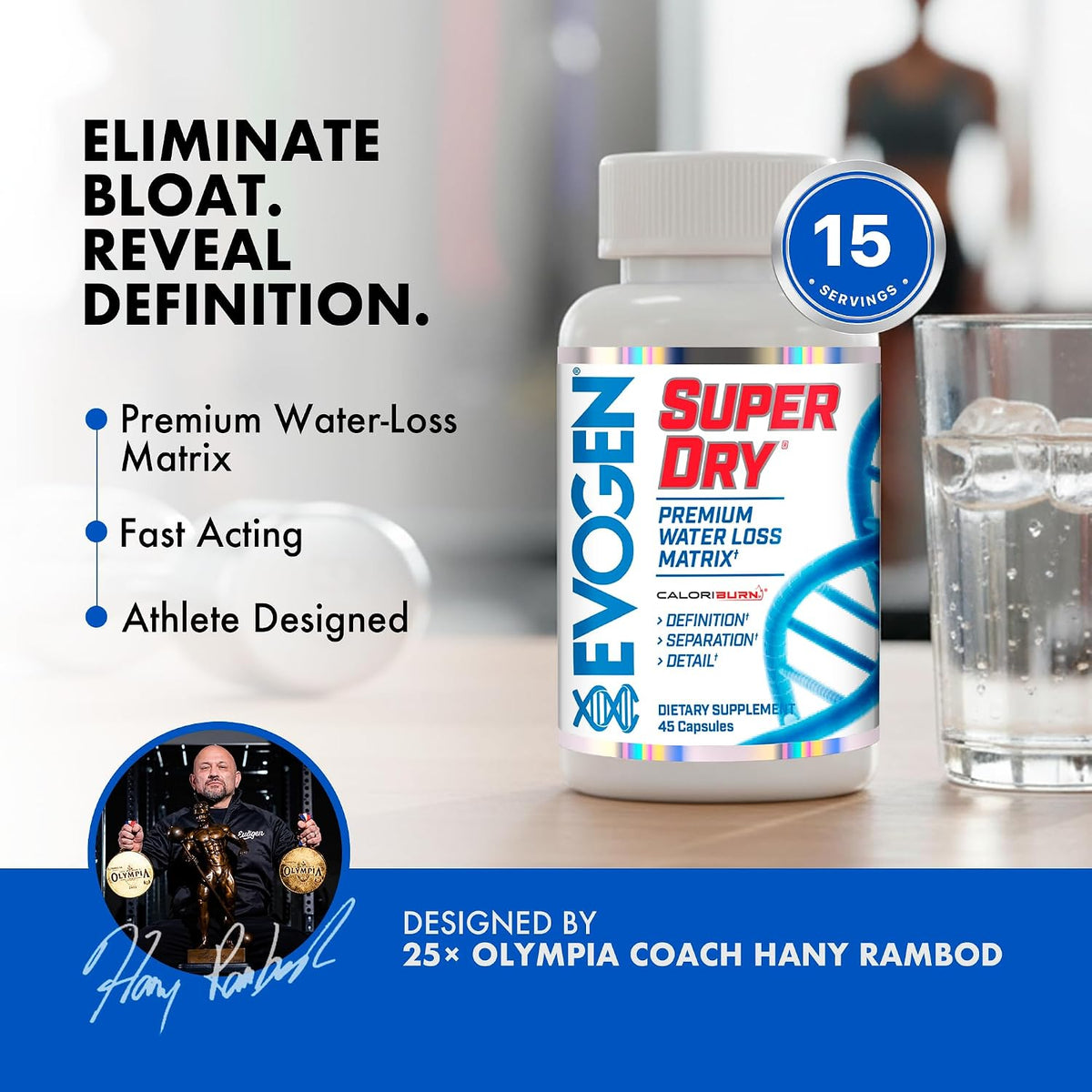 Evogen Super Dry Water Loss Matrix | Bloating Relief | 45 Capsules | Dandelion root, horsetail and juniper berry with magnesium and potassium to reduce retention and reveal definition
