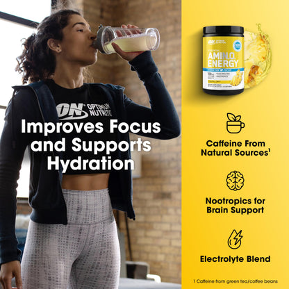 Optimum Nutrition, Amino Energy Powder Plus Focus, with Bcaa, Electrolytes, and Caffeine, Watermelon, 30 Servings | Contains BCAAs, Electrolytes, 100 mg Caffeine, 5g Amino Acids, Zero Sugar, Supports Hydration, Banned Substance Tested