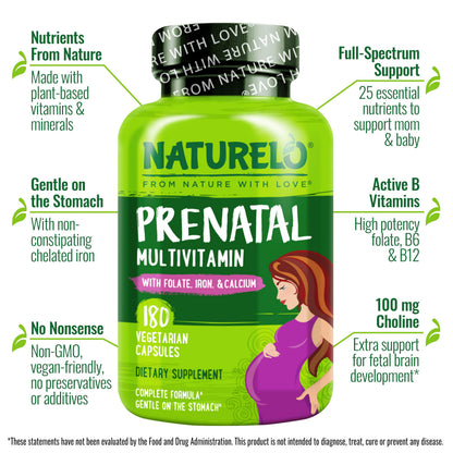 NATURELO Prenatal Multivitamin with Gentle Chelated Iron, Methyl Folate, Plant Calcium & Choline - Vegan, Vegetarian - Non-GMO - Gluten Free - 180 Capsules - 2 Month Supply