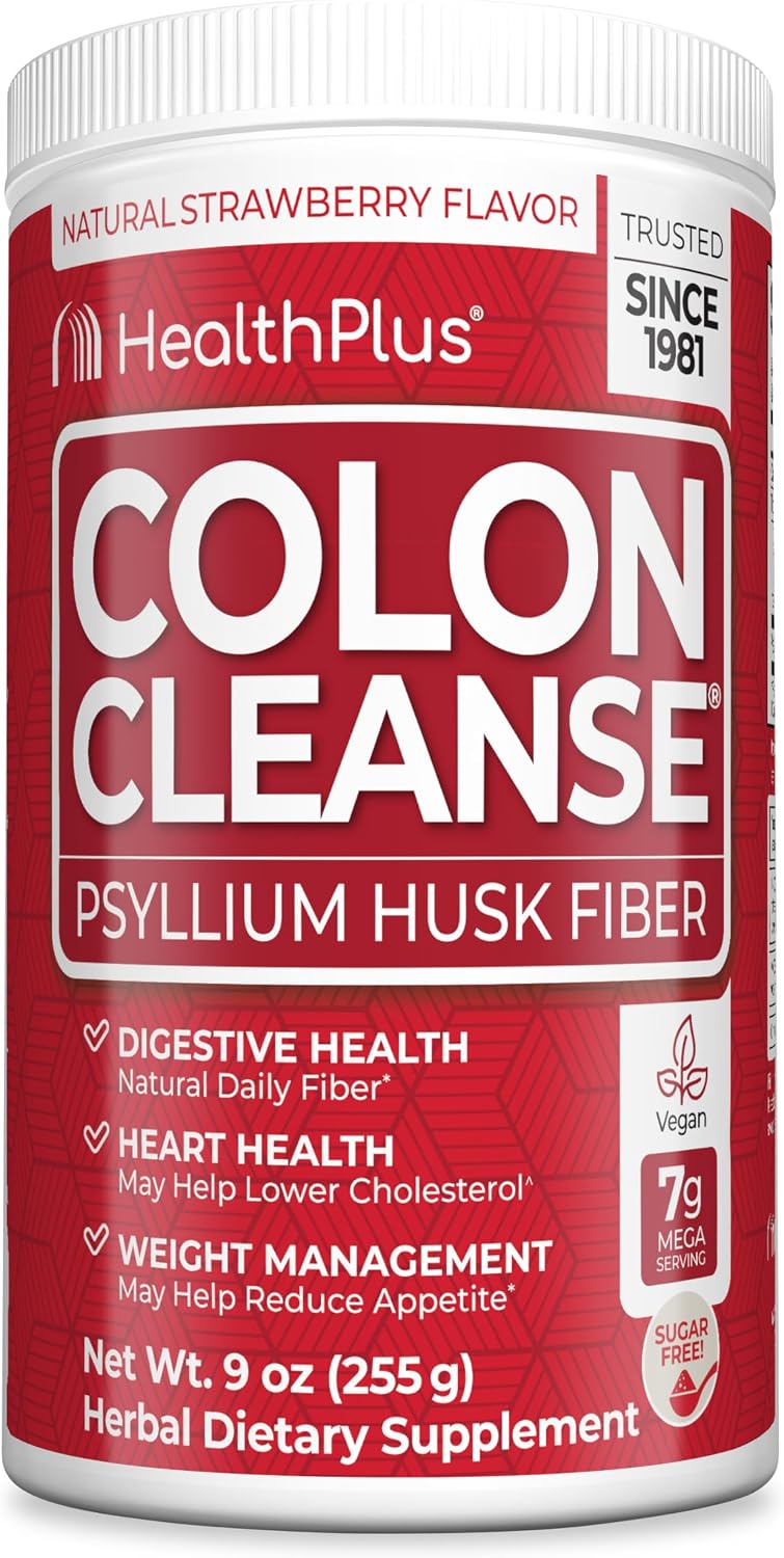 Health Plus Colon Cleanse Fiber Powder, Strawberry, 9 oz, 36 Servings | No artificial flavors; daily fiber with psyllium husk that supports natural detoxification and regularity