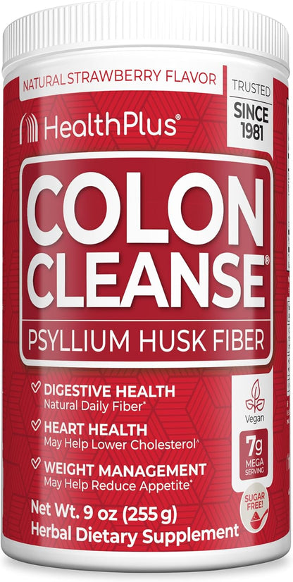Health Plus Colon Cleanse Fiber Powder, Strawberry, 9 oz, 36 Servings | No artificial flavors; daily fiber with psyllium husk that supports natural detoxification and regularity