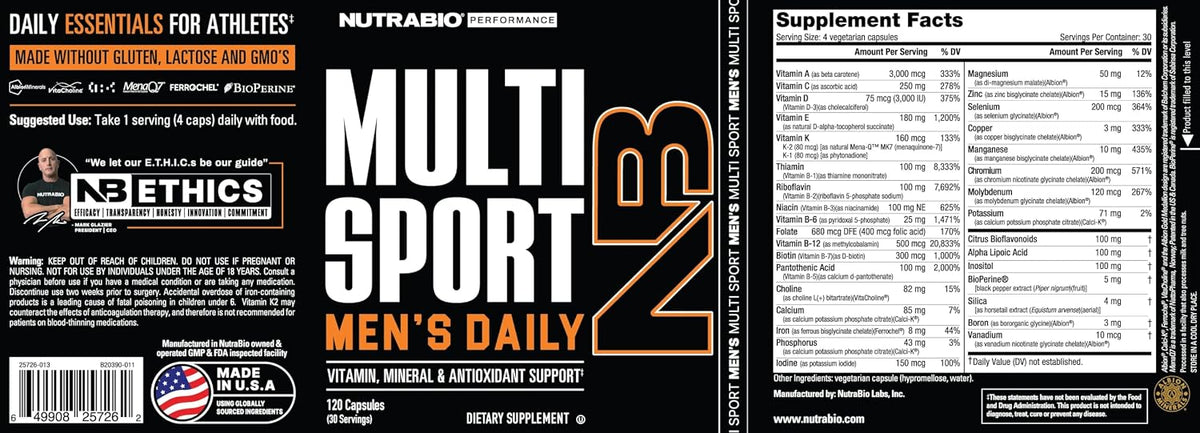 NutraBio Multisport for Men - Mens MultiVitamin - 33 Vitamins, Minerals, Micronutrients - Rich in Antioxidants - Supports Peak Athletic Performance, Energy, Metabolism (120 Vegetable Capsules)