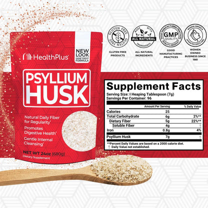 Health Plus Daily Psyllium Husk Fiber, 24 oz, 96 Servings | Pure psyllium husk fiber supplement; helps with occasional constipation, supports daily regularity, and keto baking uses