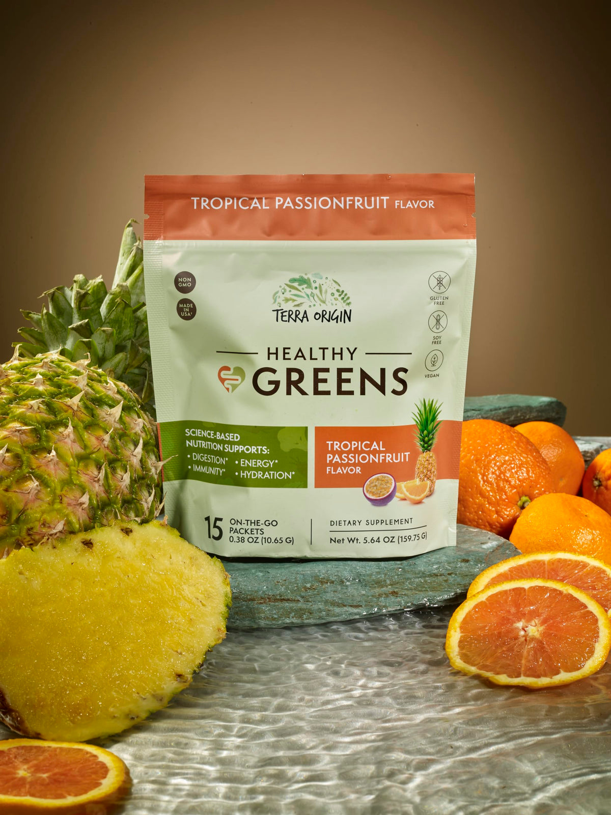 TERRA ORIGIN Greens Superfood Powder | Green Juice Powder with Probiotics & Enzymes | Plant Based Super Greens for Energy, Gut & Immune Support | Vegan, Non-GMO | 30 Servings Tropical Passionfruit