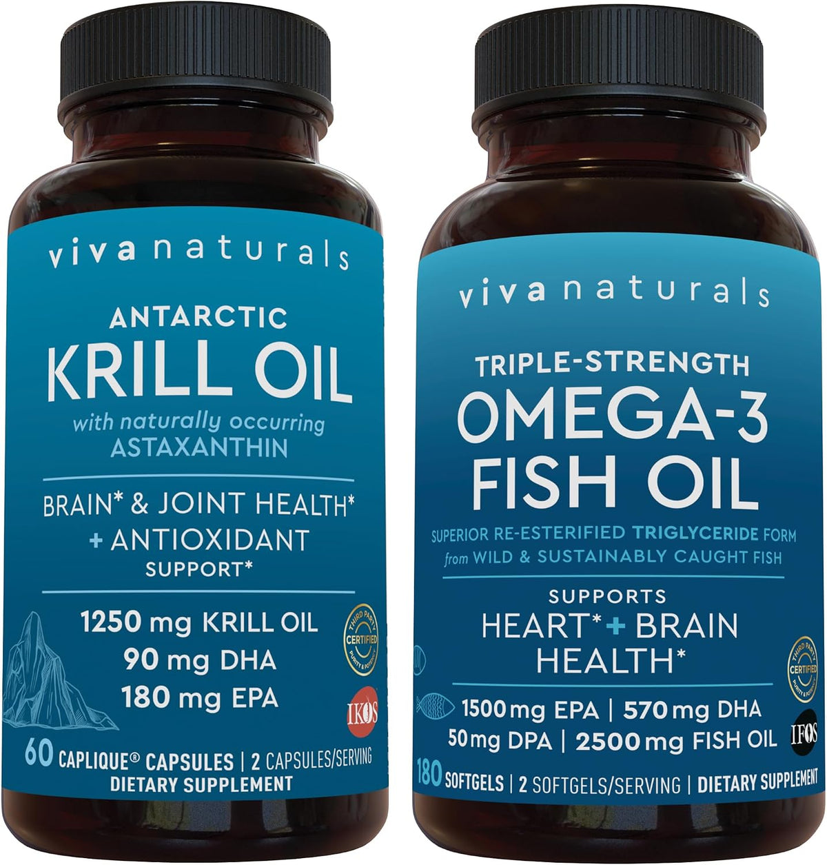 Viva Naturals 1250 mg Antarctic Krill Oil and 2,500 mg Triple-Strength Omega-3 Fish Oil Bundle, Providing Omega-3 EPA and DHA