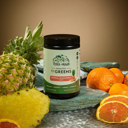 TERRA ORIGIN Greens Superfood Powder | Green Juice Powder with Probiotics & Enzymes | Plant Based Super Greens for Energy, Gut & Immune Support | Vegan, Non-GMO | 30 Servings Tropical Passionfruit