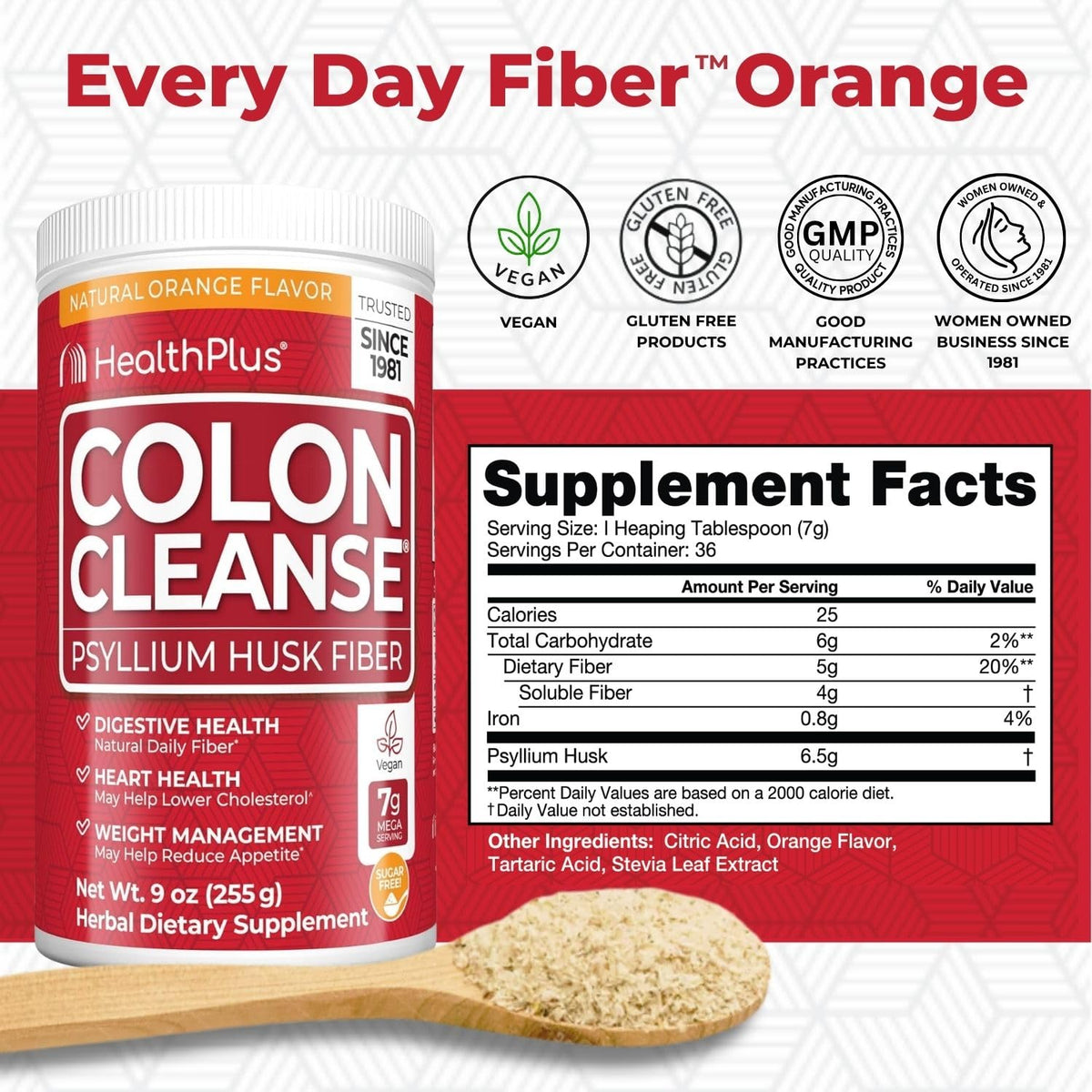 Health Plus Colon Cleanse Psyllium Husk Fiber Powder, 12 oz, 48 Servings | Gluten free daily fiber powder; supports the body's natural detoxification process, regularity, and digestive wellness