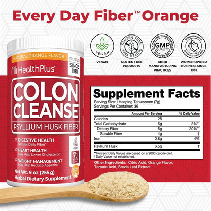 Health Plus Colon Cleanse Psyllium Husk Fiber Powder, 12 oz, 48 Servings | Gluten free daily fiber powder; supports the body's natural detoxification process, regularity, and digestive wellness