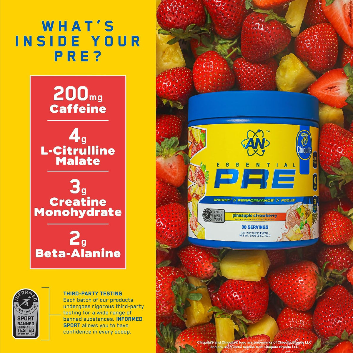 an Essentials Pre-Workout | Preworkout Energy Drink Mix | 200mg Caffeine | Creatine, Beta Alanine & Citrulline | Energy Supplement for Men & Women | Chiquita Pineapple Strawberry | 30 Servings