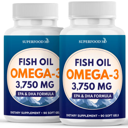 Triple Strength Omega 3 Fish Oil 3750 mg - EPA & DHA - Over 3000mg Omega-3 Fatty Acids - 1350mg EPA + 900mg DHA - Best Essential Fatty Acids, Burpless Fish Oil - 180 Count