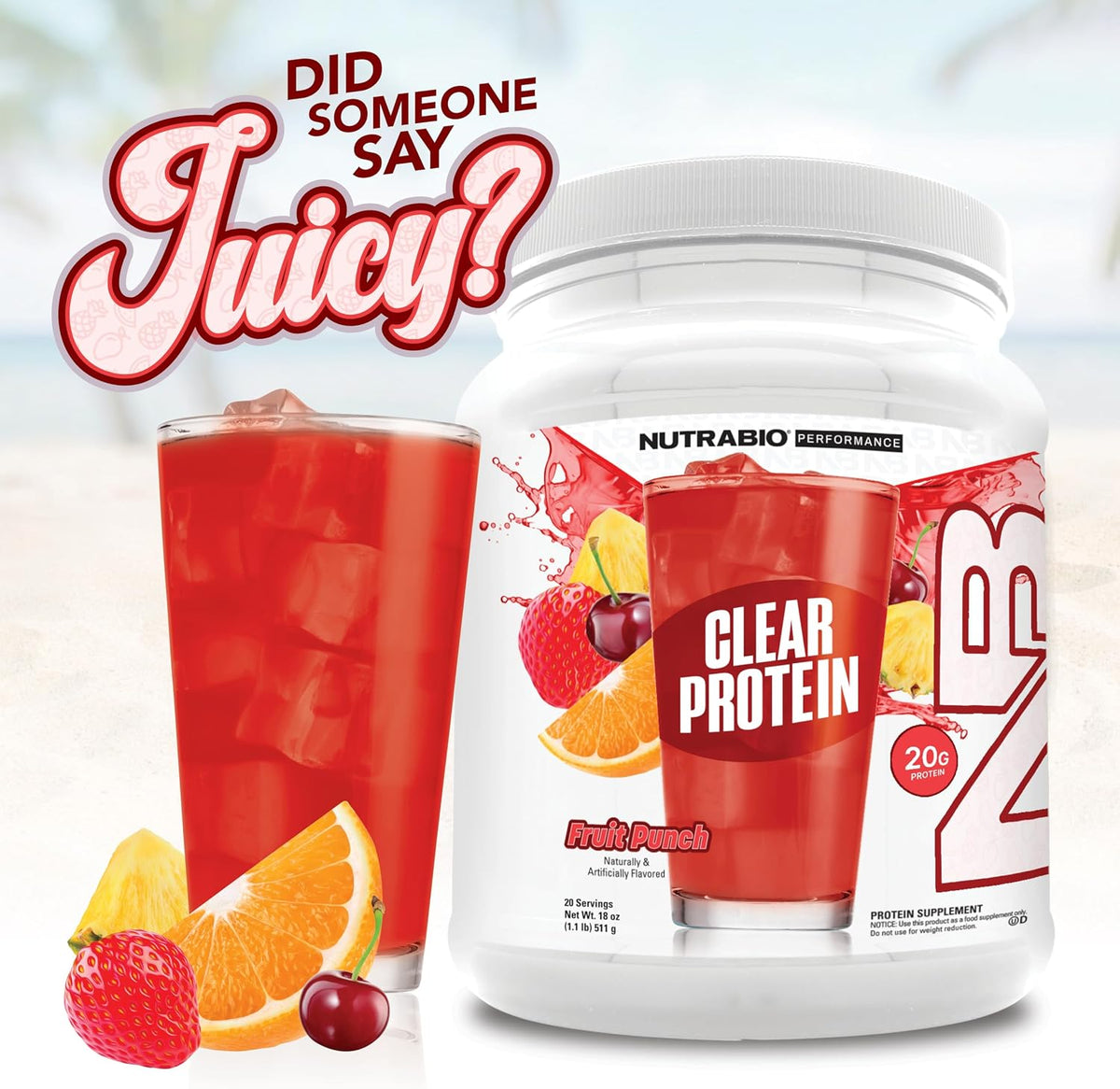 NutraBio Clear Protein Powder, Fruit Punch - 20 Servings, 20g Clear Whey Protein Isolate, 0 Sugar, 0g Lactose, Refreshing Fruit Flavors, GLP1 Support - Bone Health - Muscle Post Workout Recovery