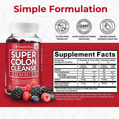 Health Plus Super Colon Cleanse Gummies, Mixed Berry, 60 Ct, 15 Servings | 15 day cleanse with natural senna leaf extract; may support occasional constipation relief and gentle cleansing