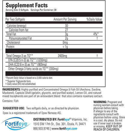 Fortifeye Super Omega-3 Max Fish Oil - 60 Count - Quadruple Strength Ultra-Pure rTG Omega-3-2400mg EPA + DHA in 2 Softgels - Expertly Concentrated & Purified in Norway from Wild Fish - Lemon Flavor