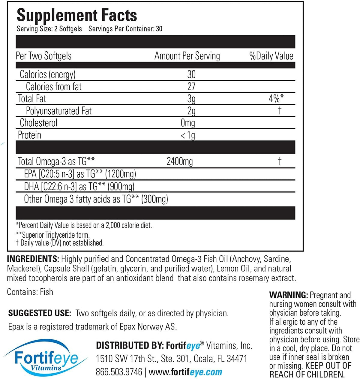 Fortifeye Super Omega-3 Max Fish Oil - 60 Count - Quadruple Strength Ultra-Pure rTG Omega-3-2400mg EPA + DHA in 2 Softgels - Expertly Concentrated & Purified in Norway from Wild Fish - Lemon Flavor