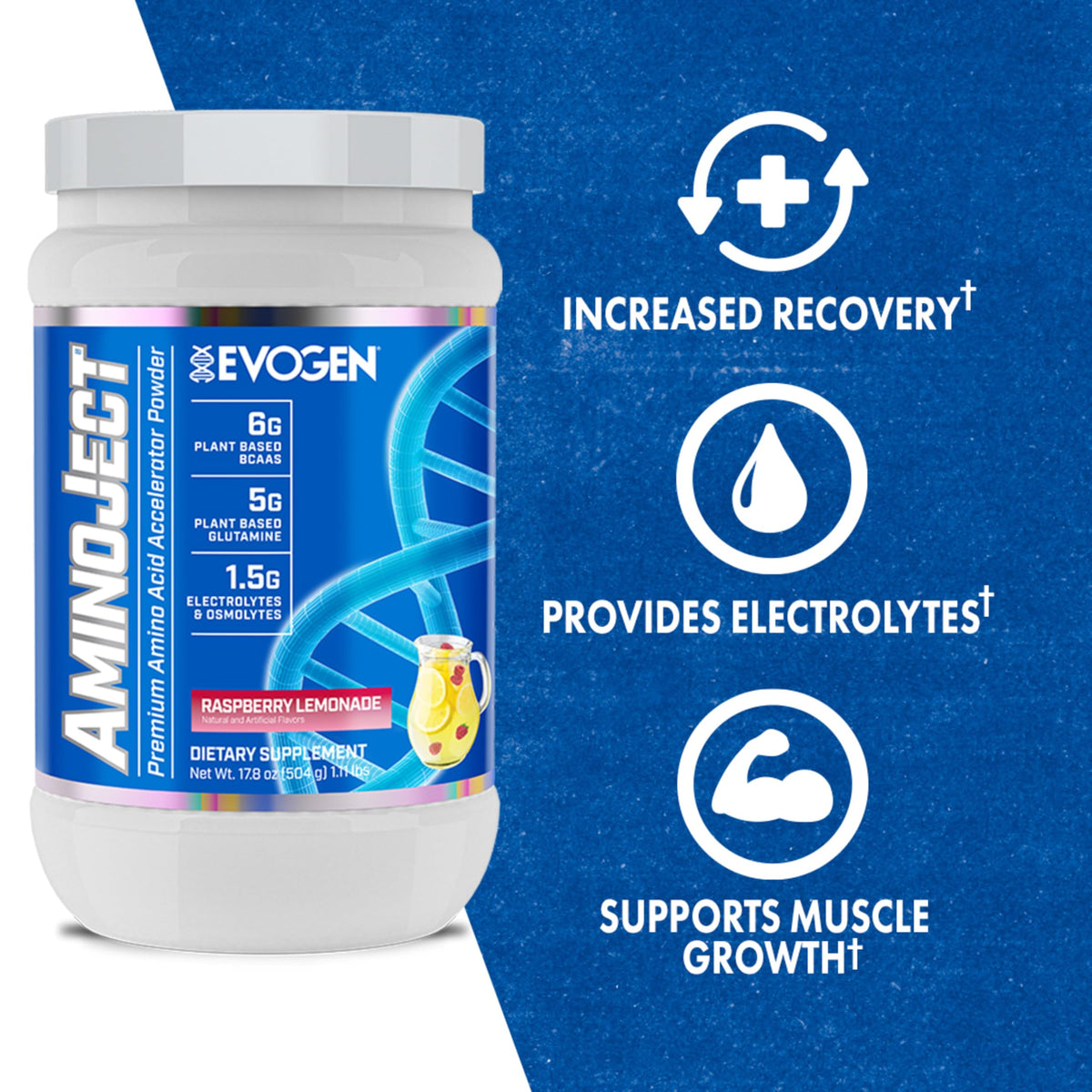 Evogen AminoJect Recovery Formula | Watermelon | 30 Servings | 6g fermented plant-based BCAAs, 5g glutamine, electrolytes, betaine and L-citrulline for hydration and endurance