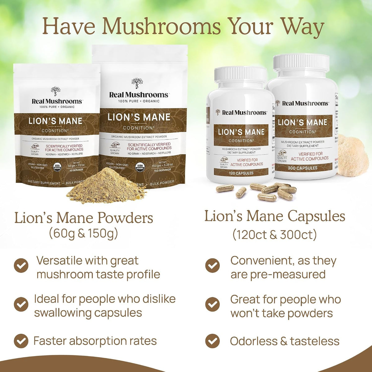 Real Mushrooms Vitamin D2, Zinc, Chaga, Reishi (120ct) and Lion's Mane (300ct) Bundle - Immunity and Cognitive Support, Chelated Zinc for Improved Absorption - Vegan, Gluten Free, Non-GMO