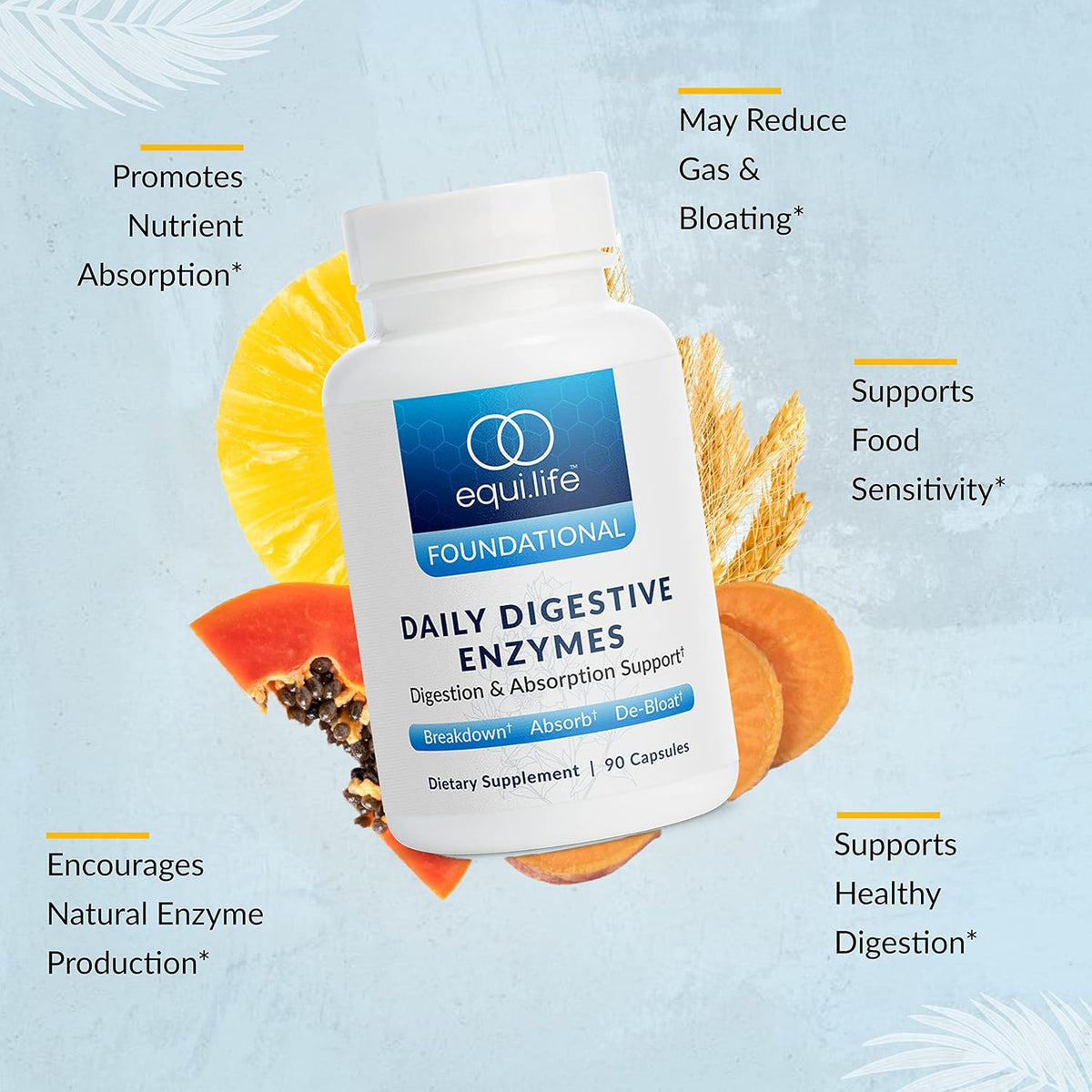 Equilife Daily Digestive Enzymes, Bromelain, Lactase & Lipase, 90 Capsules | Supports Healthy Digestion, Acid Balance & Nutrient Absorption | Allergen Free | Gluten Free | Vegan | Non-GMO