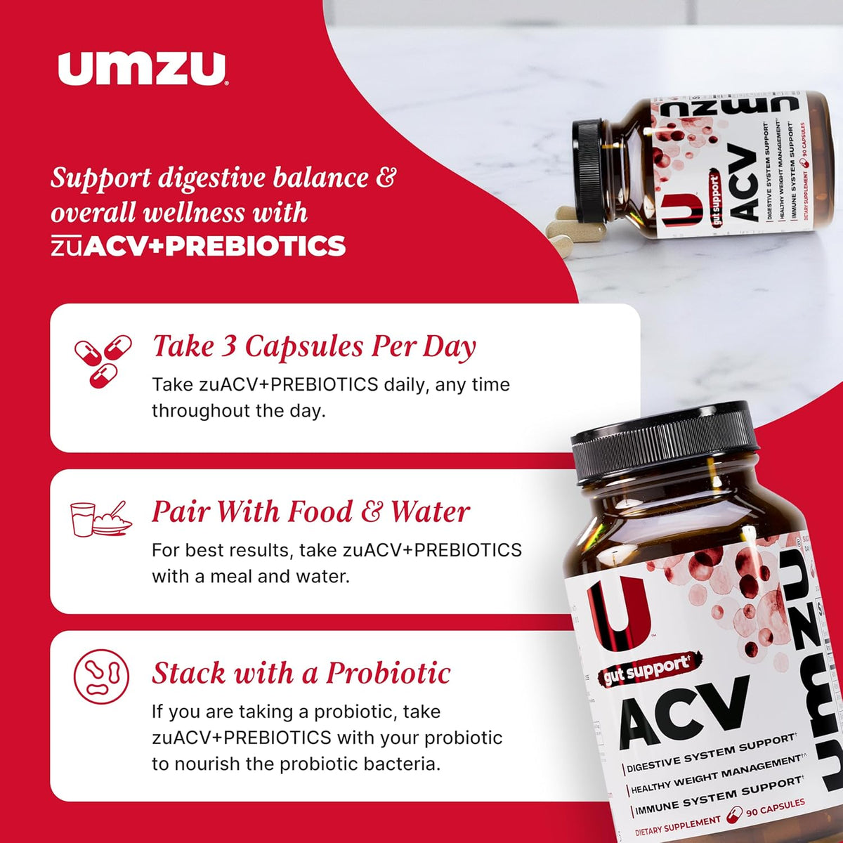 UMZU zuACV Apple Cider Vinegar Capsules, 30 Day Supply | ACV and Inulin Prebiotic Fiber Blend, Gut Health Support, Digestive Health, Daily Wellness and Microbiome Balance