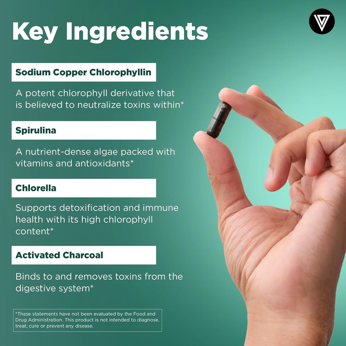 Vital Vitamins Chlorophyll Pills with Spirulina, Chlorella & Charcoal | Detoxifies & Freshens from Within, Natural Body Deodorizer, Superfood Complex for Women & Men, 60 Capsules