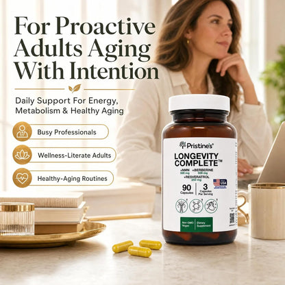 PRISTINE'S Longevity Complete NMN Resveratrol Anti-Aging Cellular Support | NMN, resveratrol and berberine in one longevity stack for anti-aging cellular support. Vegan, non-GMO, 90 count glass bottle