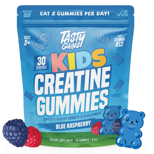 Package of Tasty Gains Kids Creatine Gummies with blue raspberry flavor on a white background