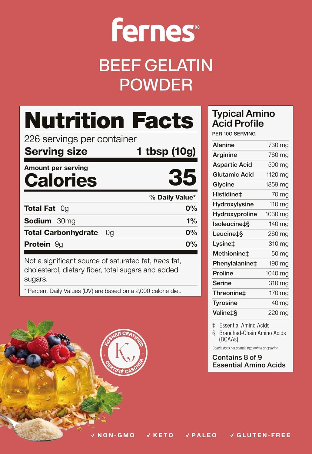Fernes Bulk Beef Gelatin Powder (5 LB) Unflavored - Grass-Fed & Pasture-Raised, 225 Bloom Thickening Agent for Gummies, Marshmallows, Desserts & Baking - Keto, Paleo, Non-GMO, Kosher, Gluten-Free