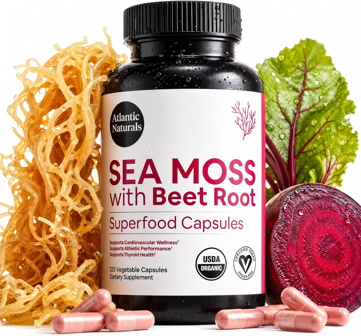 Atlantic Naturals Sea Moss with Beet Root Capsules - Premium Quality Multivitamin Supplement - Sea Moss Superfood to Support Immune Health, Blood Flow, Joint Health & Athletic Performance - 120 ct