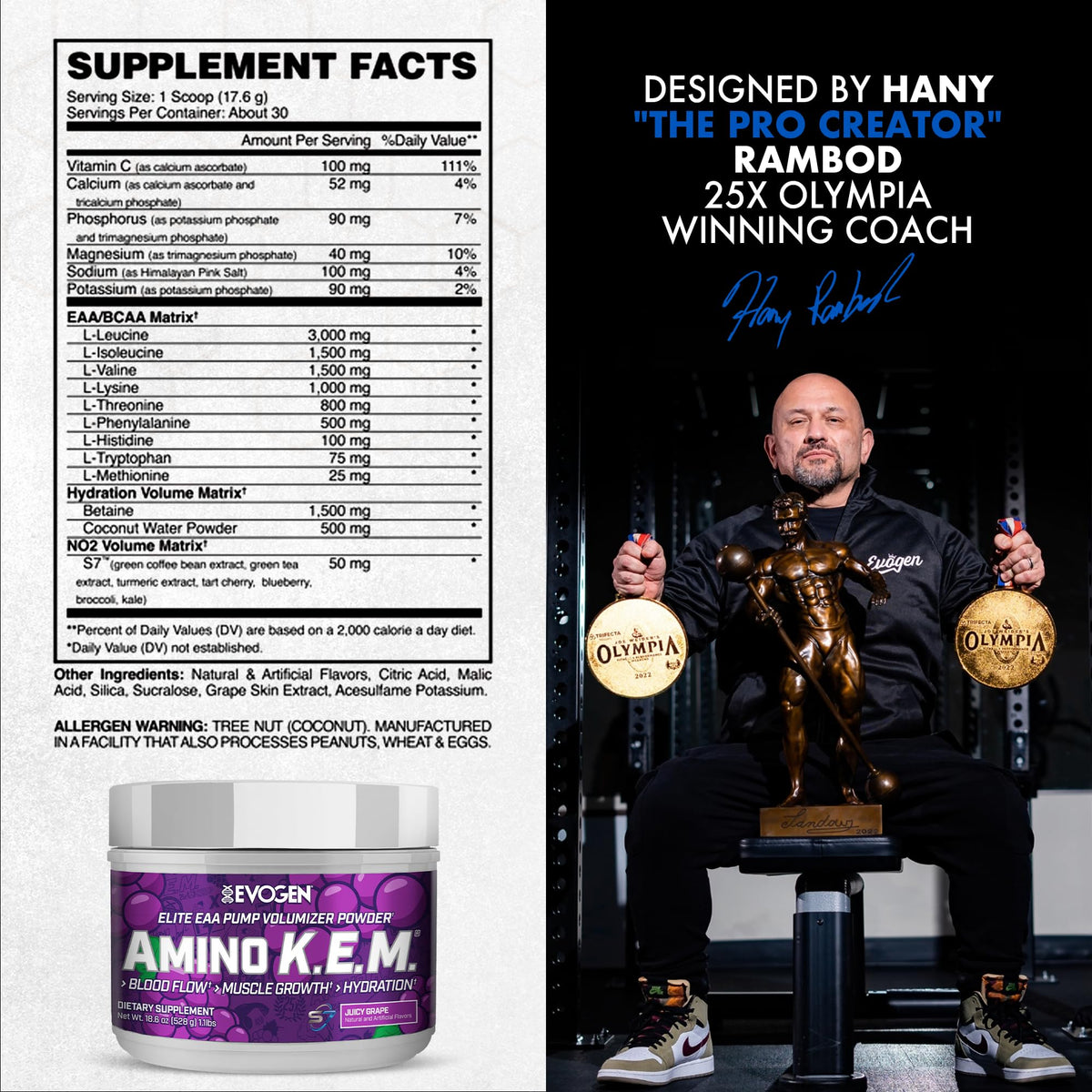 Evogen Amino K.E.M. EAA & BCAA | Tropic Thunder | 30 Servings | S7 nitric oxide blend with betaine anhydrous, coconut water and leucine for blood flow, muscle growth, hydration and recovery