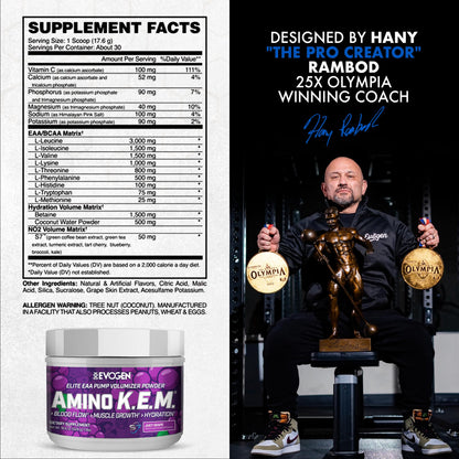 Evogen Amino K.E.M. EAA & BCAA | Tropic Thunder | 30 Servings | S7 nitric oxide blend with betaine anhydrous, coconut water and leucine for blood flow, muscle growth, hydration and recovery